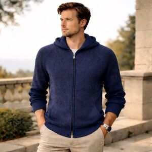 Theory Merino Wool Zip Hoodie Mens Blue Knit Sweater Jacket Size Large